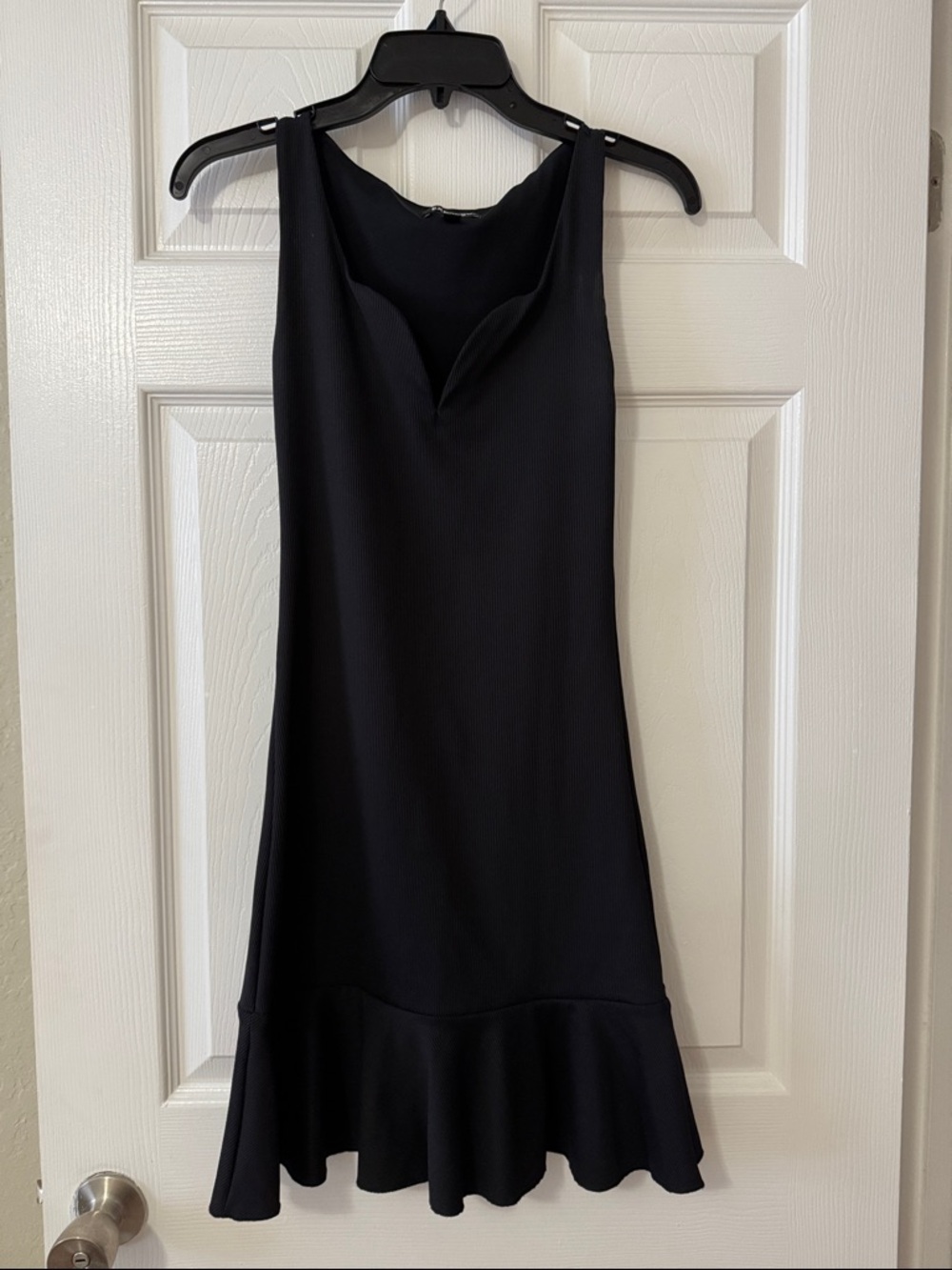 Express Black Sleeveless V-Notch Mini Dress with Ruffle Hem